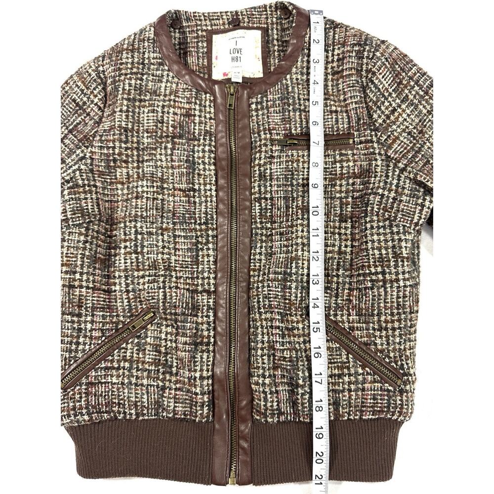 Forever 21 I Love H81 Tweed Bomber Jacket M Brown Faux Leather Zip Plaid Lined - Picture 4 of 12